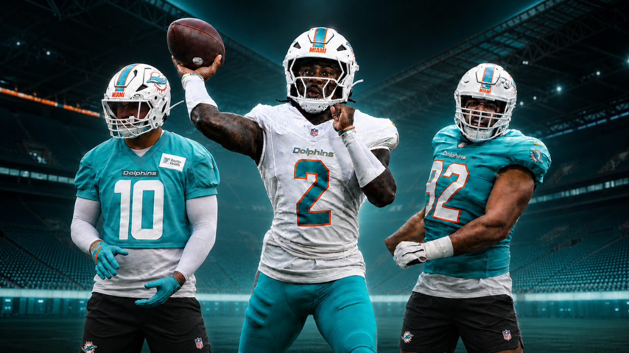 Malik Willis, Jacob Rodriguez and Zach Sieler featured in a 2026 Miami Dolphins graphic.