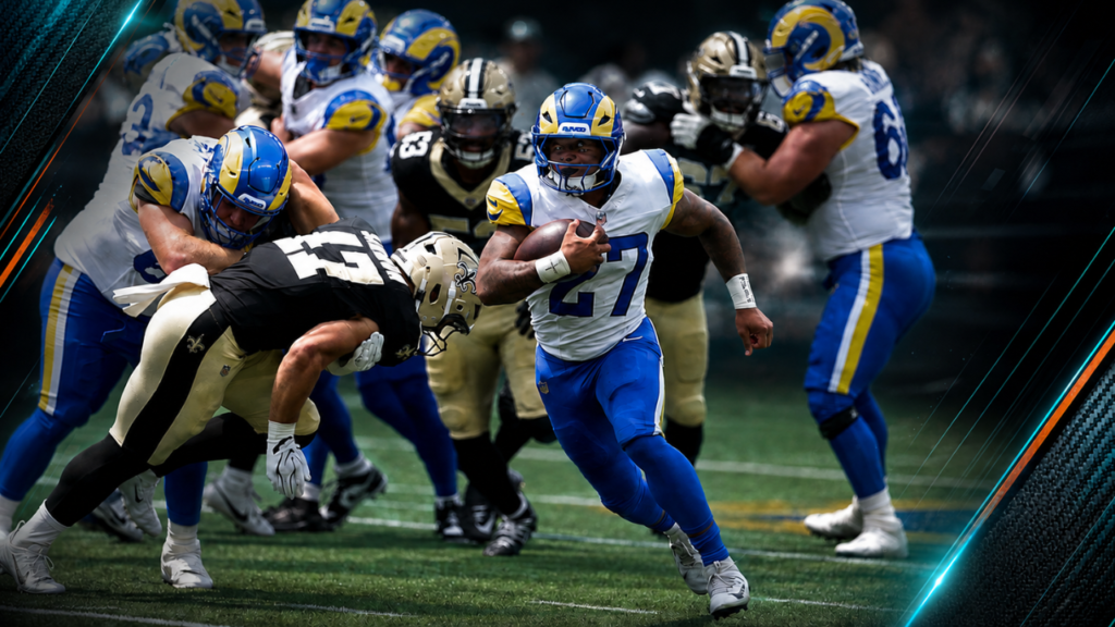 Jarquez Hunter carries the football for the Los Angeles Rams before being traded to the Miami Dolphins.