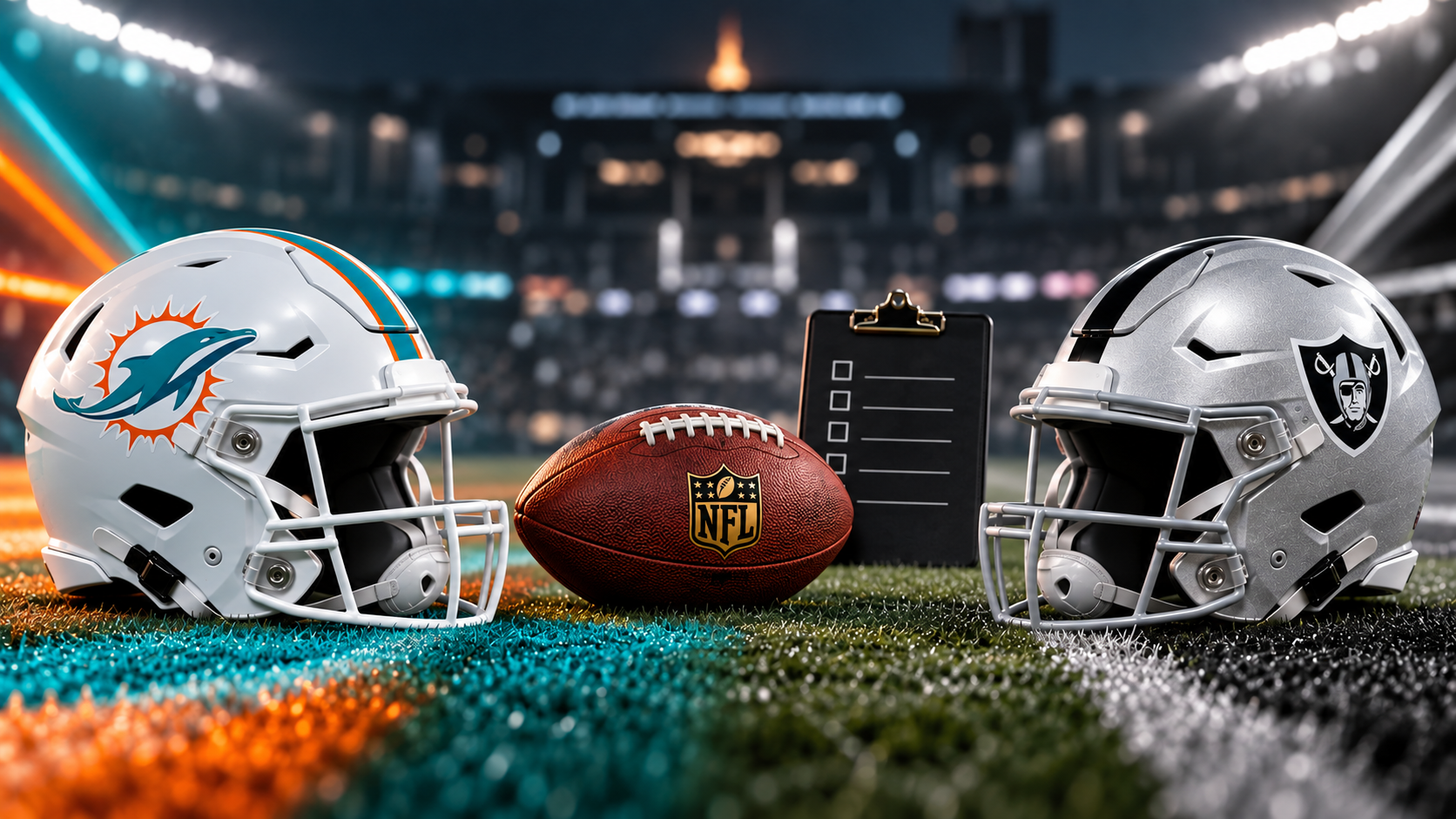 Miami Dolphins and Las Vegas Raiders helmets with a football and prediction checklist