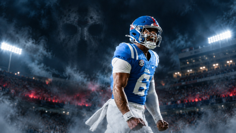 Ole Miss quarterback Trinidad Chambliss with a ghostly hockey mask looming behind him