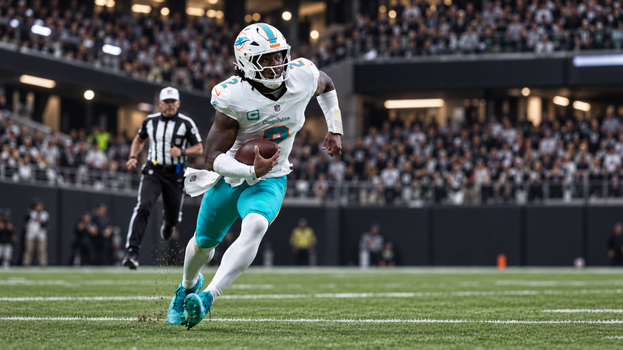 ami Dolphins quarterback Malik Willis runs with the football against the Las Vegas Raiders in Week 1.