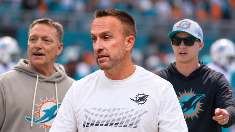 Miami Dolphins head coach Jeff Hafley with coordinators Chris Tabor and Bobby Slowik