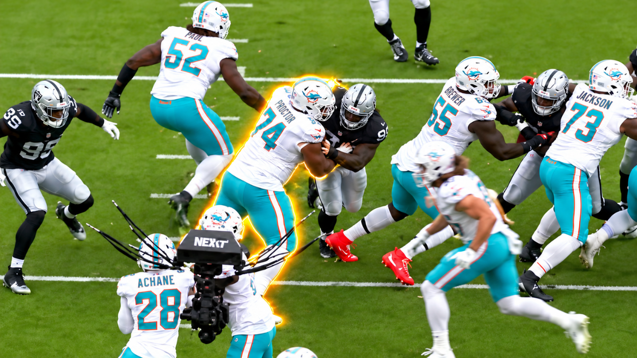Miami Dolphins rookie Kadyn Proctor blocks a Las Vegas Raiders defender during his NFL debut.