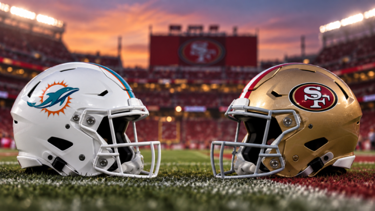 Miami Dolphins and San Francisco 49ers helmets ahead of their Week 2 matchup