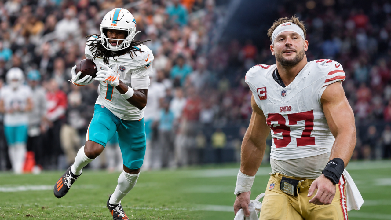 Miami Dolphins rookie Caleb Douglas and San Francisco 49ers pass rusher Nick Bosa ahead of their Week 2 matchup