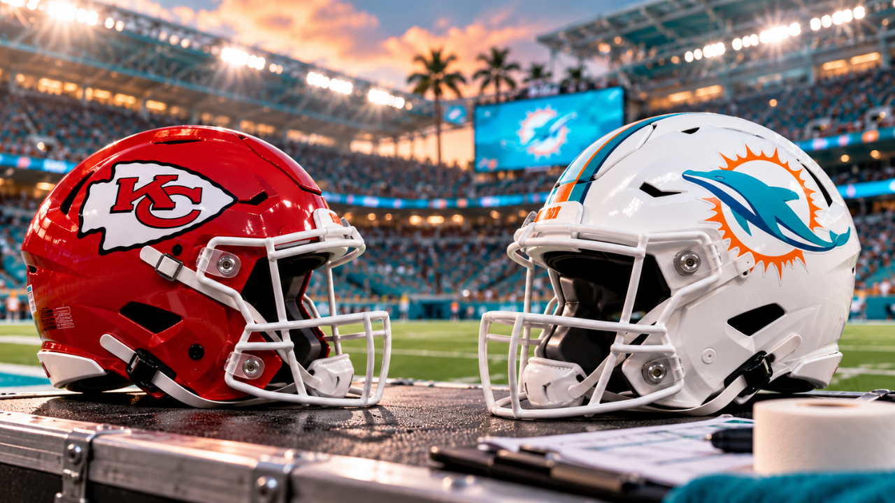 Miami Dolphins and Kansas City Chiefs helmets facing each other for the Week 3 injury report