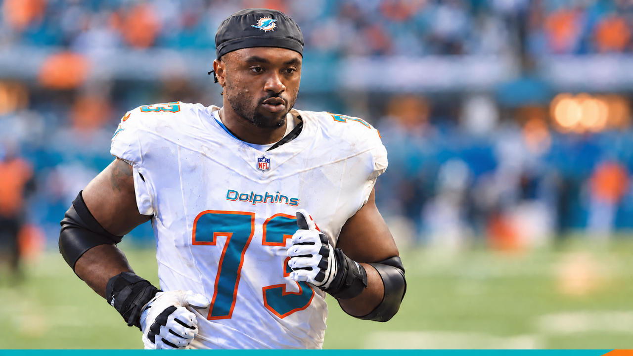 Miami Dolphins tackle Austin Jackson in his No. 73 jersey on the field