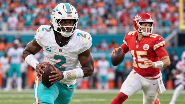 Malik Willis and Patrick Mahomes ahead of the Miami Dolphins’ Week 3 matchup against the Kansas City Chiefs
