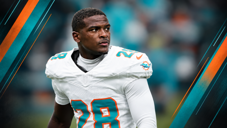 De’Von Achane in a Miami Dolphins uniform, framed by aqua and orange diagonal graphics