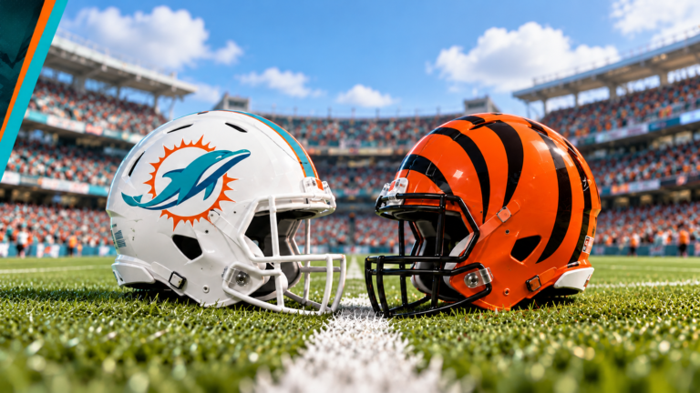 Miami Dolphins and Cincinnati Bengals helmets facing each other on turf in a sunlit football stadium.