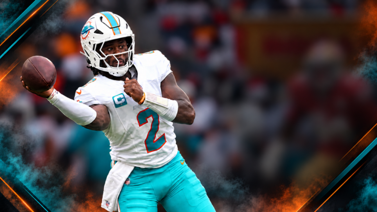 Miami Dolphins quarterback Malik Willis preparing to throw, framed by aqua and orange accents.