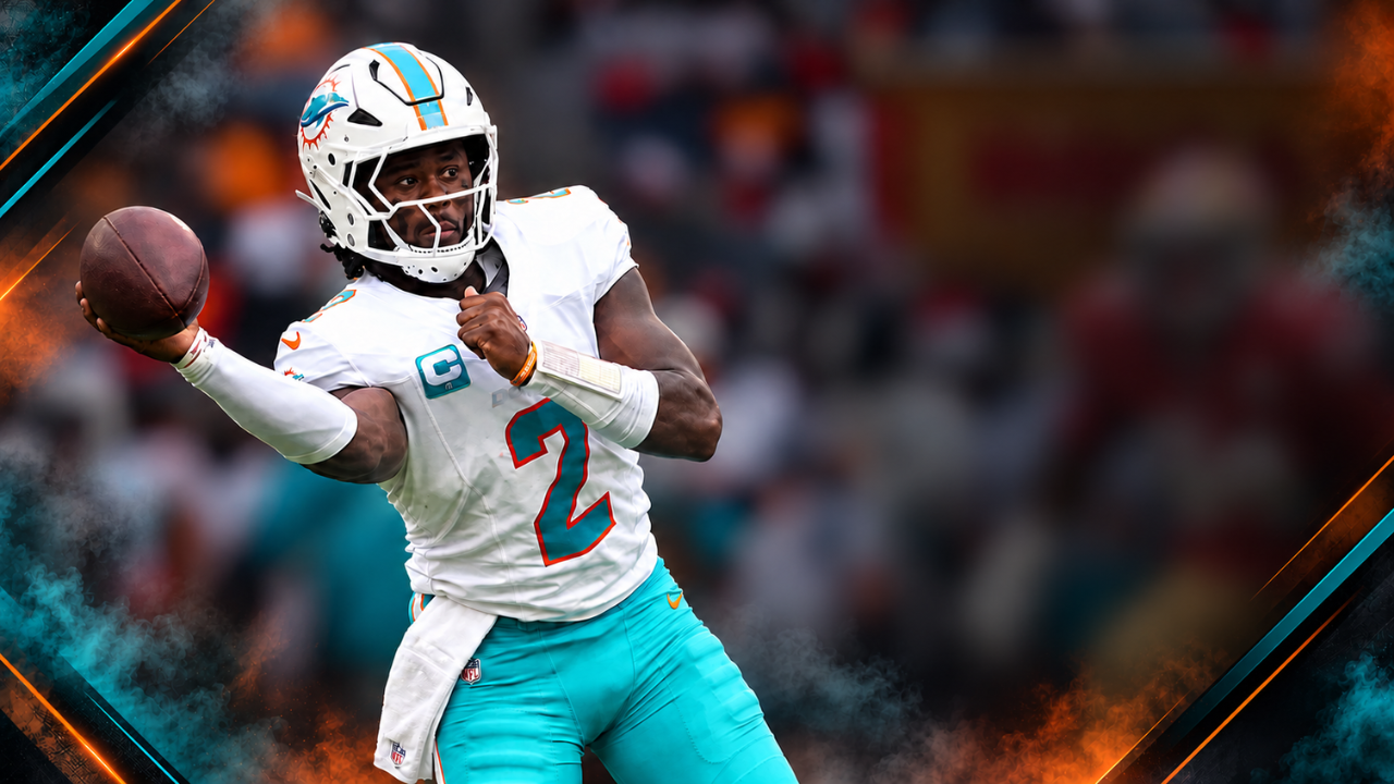 Miami Dolphins quarterback Malik Willis preparing to throw, framed by aqua and orange accents.