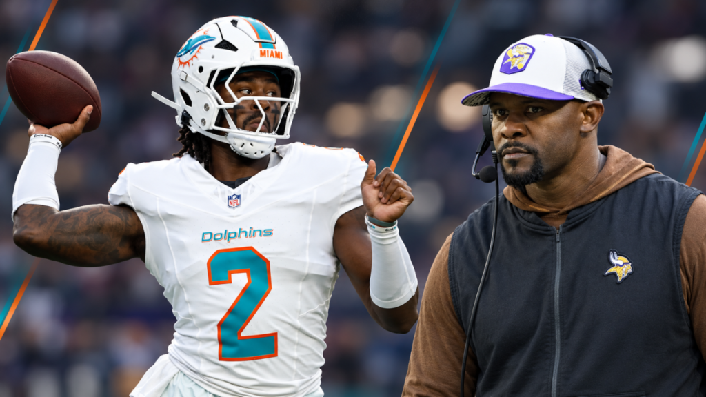 : Malik Willis preparing to throw alongside Brian Flores in a Dolphins vs. Vikings preview graphic.