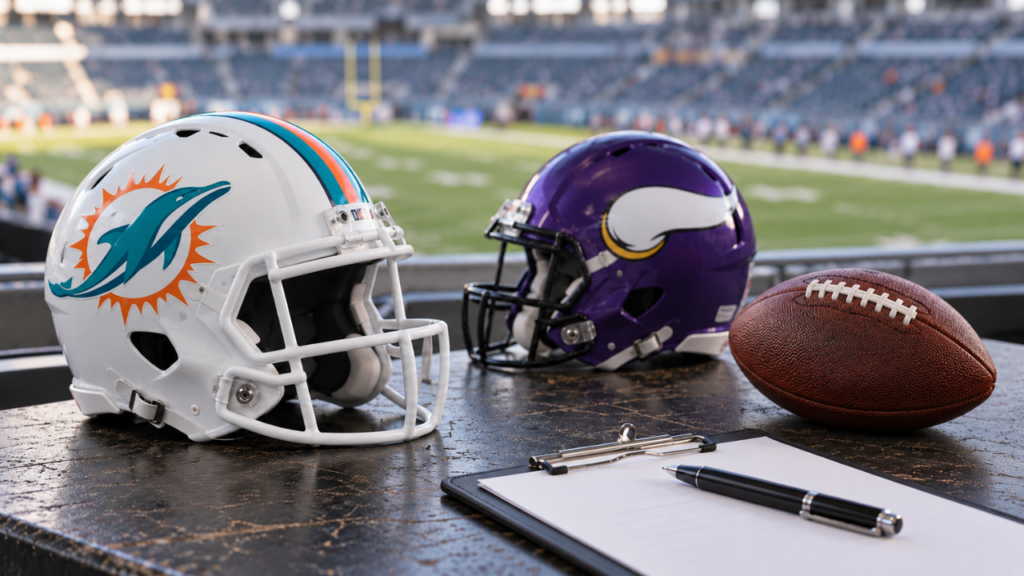 Dolphins and Vikings mini helmets beside a football and clipboard on a press-box desk