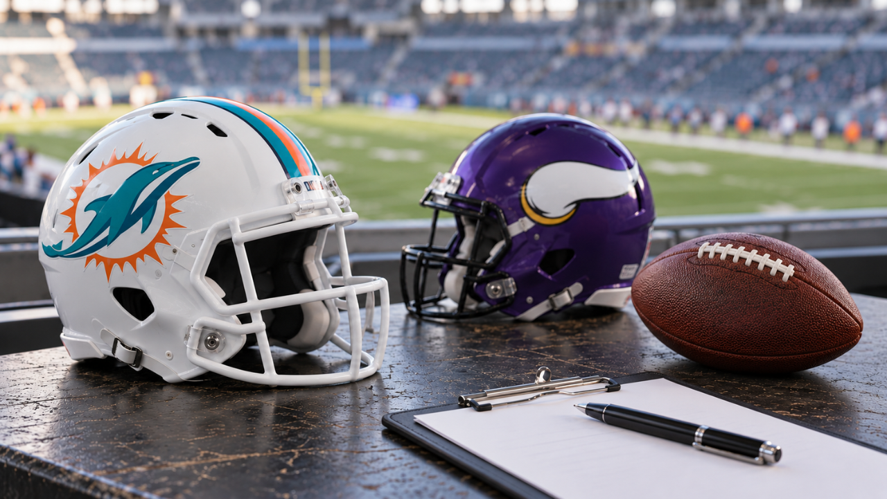Dolphins and Vikings mini helmets beside a football and clipboard on a press-box desk