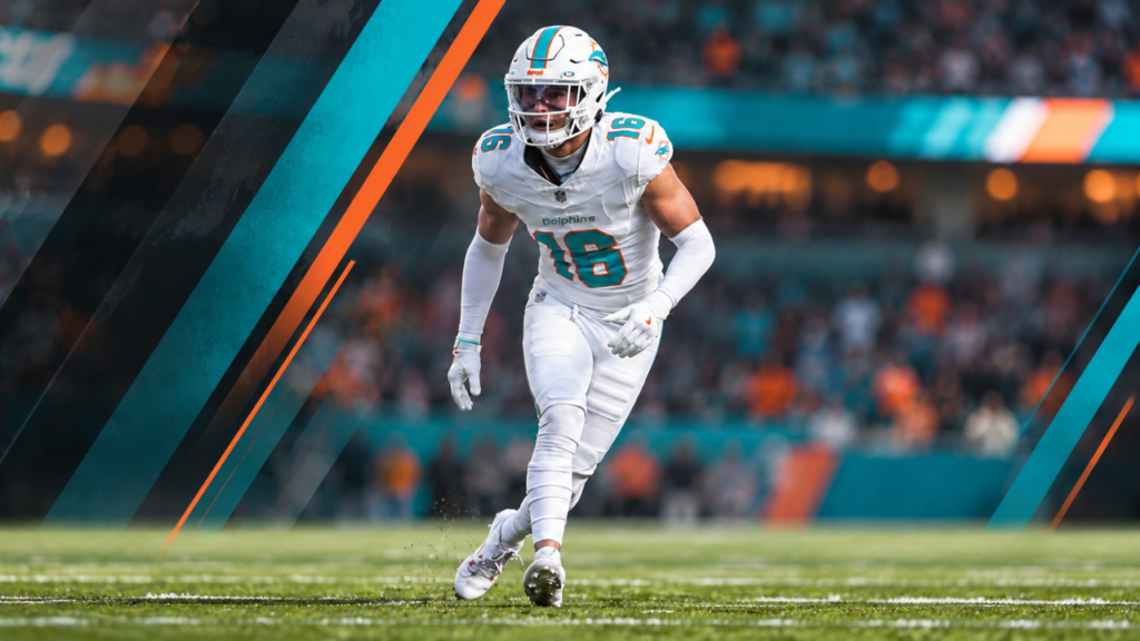 Miami Dolphins safety Michael Taaffe in a white No. 16 uniform against a blurred stadium background
