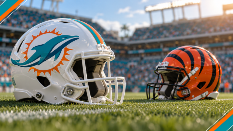 Miami Dolphins helmet in the foreground with a Cincinnati Bengals helmet on a football field.