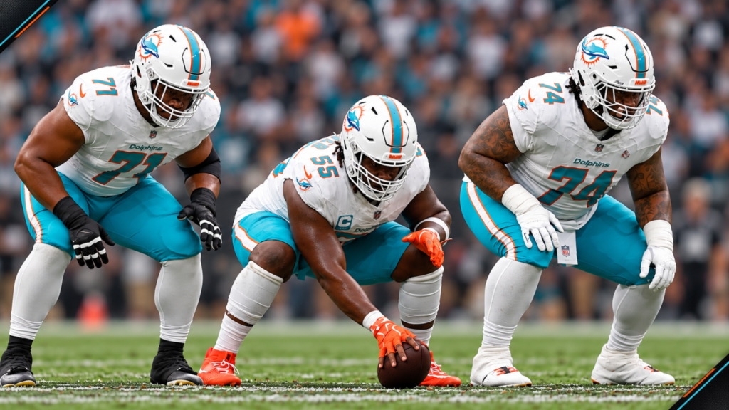 Dolphins offensive linemen Nos. 71, 55 and 74 lined up before the snap.