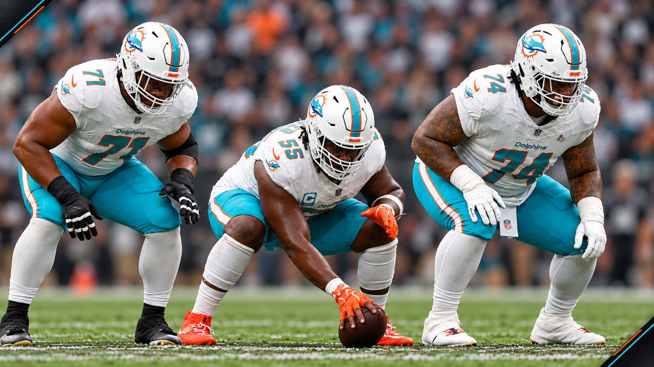 Dolphins offensive linemen Nos. 71, 55 and 74 lined up before the snap.