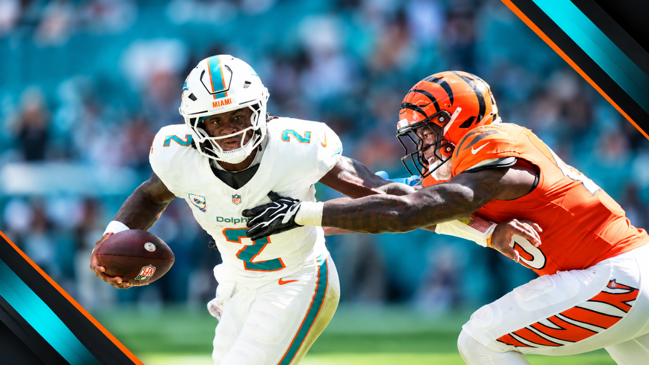 Malik Willis carries the football as a Bengals defender reaches for him, framed by aqua and orange diagonal accents