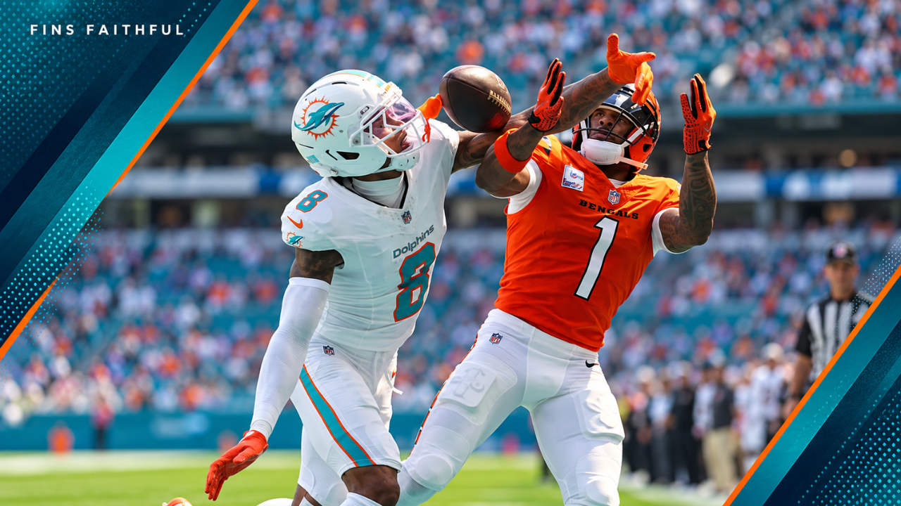 Miami Dolphins cornerback Juju Brents breaks up a pass intended for Bengals receiver Ja’Marr Chase.